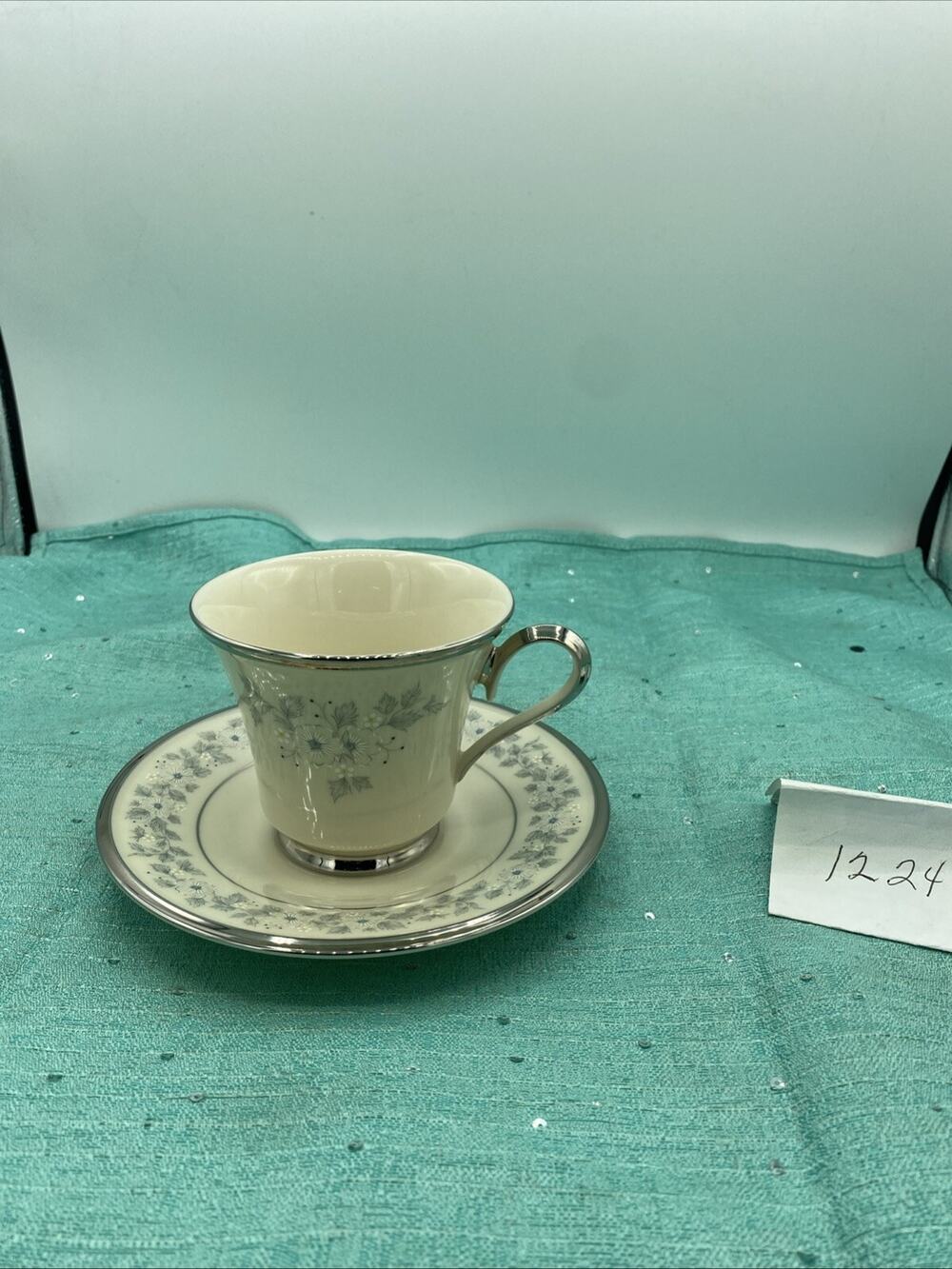 Vintage Lenox Windsong Tea Cup and Saucer Beige with Floral Design Silver Accent